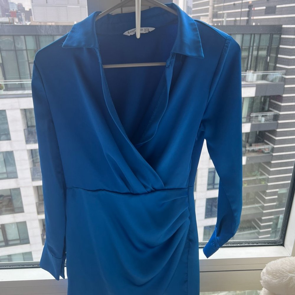 Stradivarius Blue Wrapped Satin Dress in XS